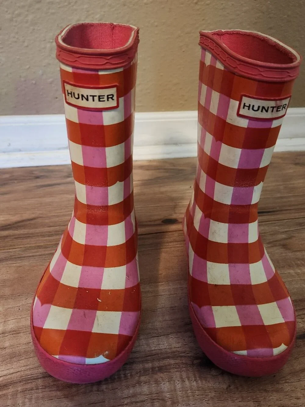 Hunter Girls 8 Pink Checkered Rain Boots Orange Pink White